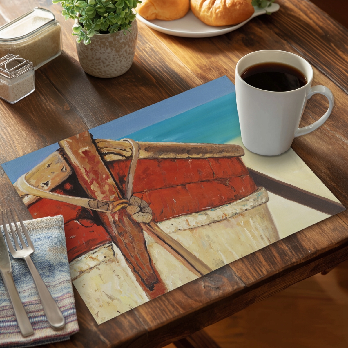 Picture of Begin Home Decor CPPM141837UVHQ 14 x 18 in. Tied Up Rowing Boat Polyester Placemat - Coastal Home Decor