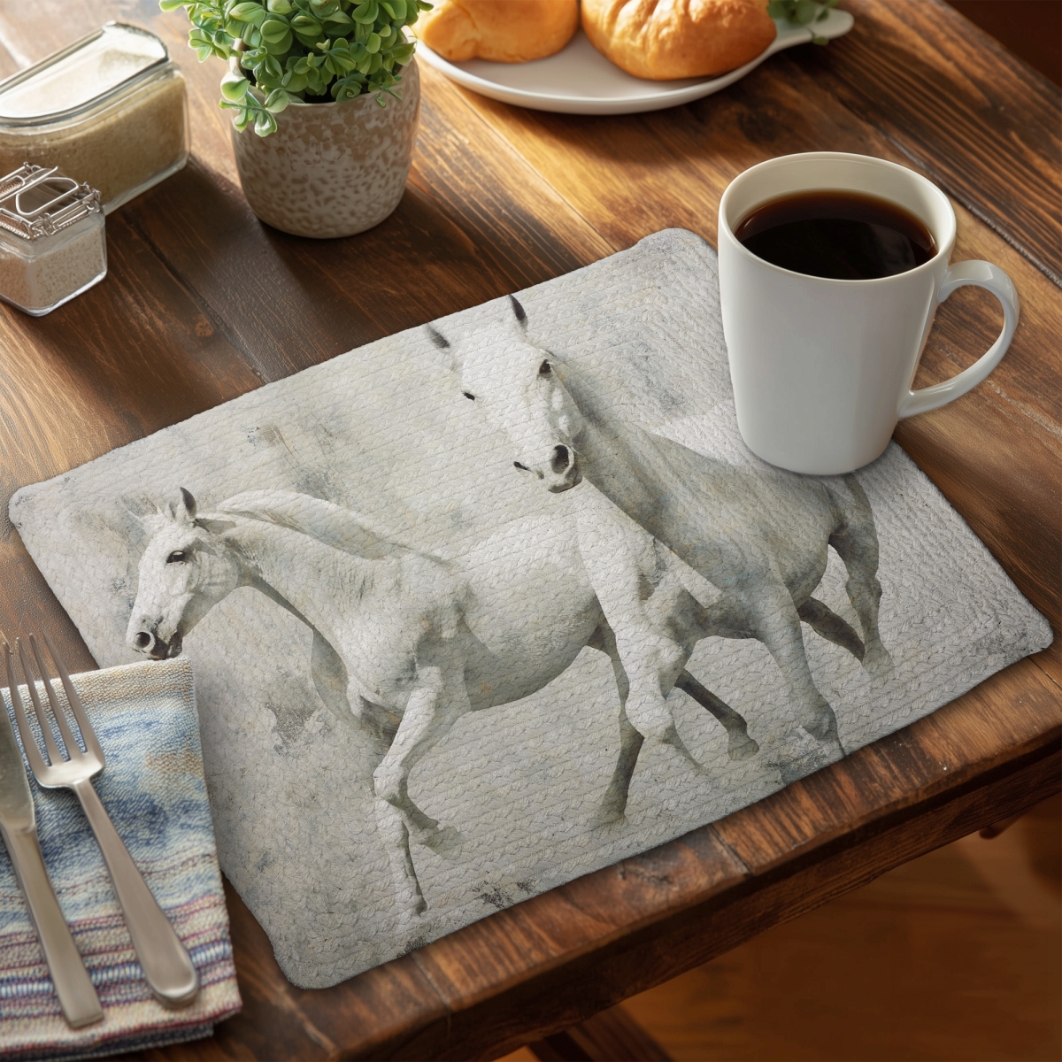 Picture of Begin Home Decor CBPM1418S4XQI6 14 x 18 in. Two White Horses Running Braided Placemat - Farm Animal Decor