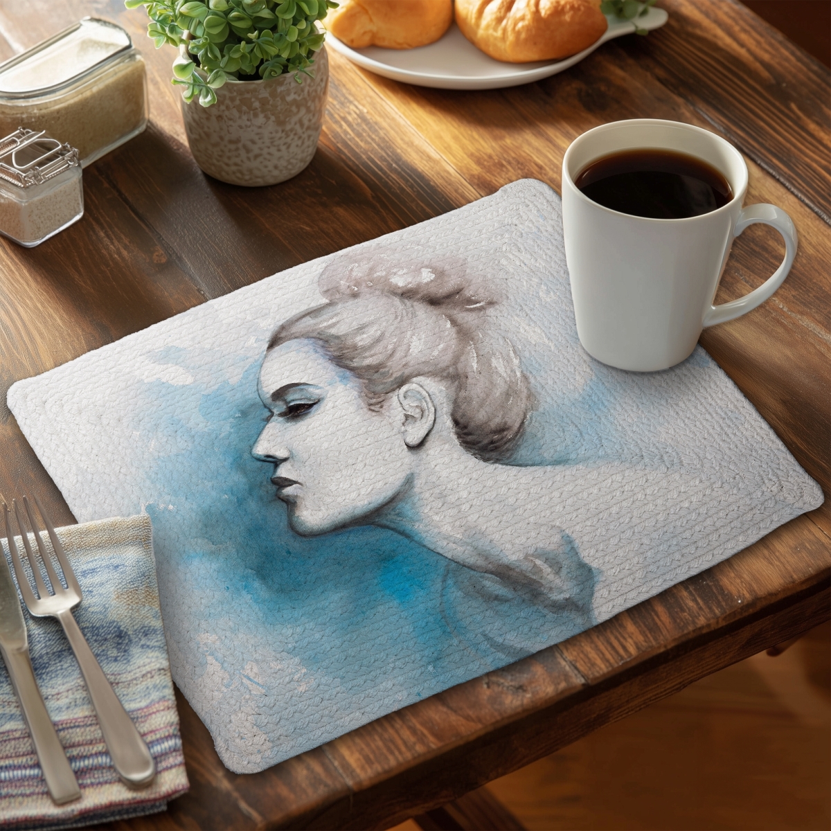 Picture of Begin Home Decor CBPM1418759BVF 14 x 18 in. Blue Braided Placemat - Watercolor Abstract Girl Profile Decor