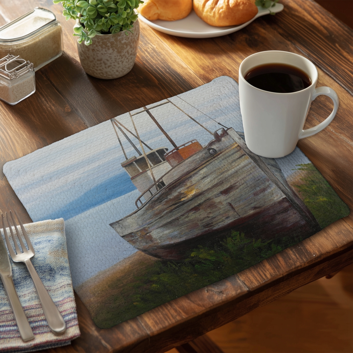 Picture of Begin Home Decor CBPM1418GB6RGB 14 x 18 in. Old Abandoned Boat Coastal Placemat - Braided Polyester Decor