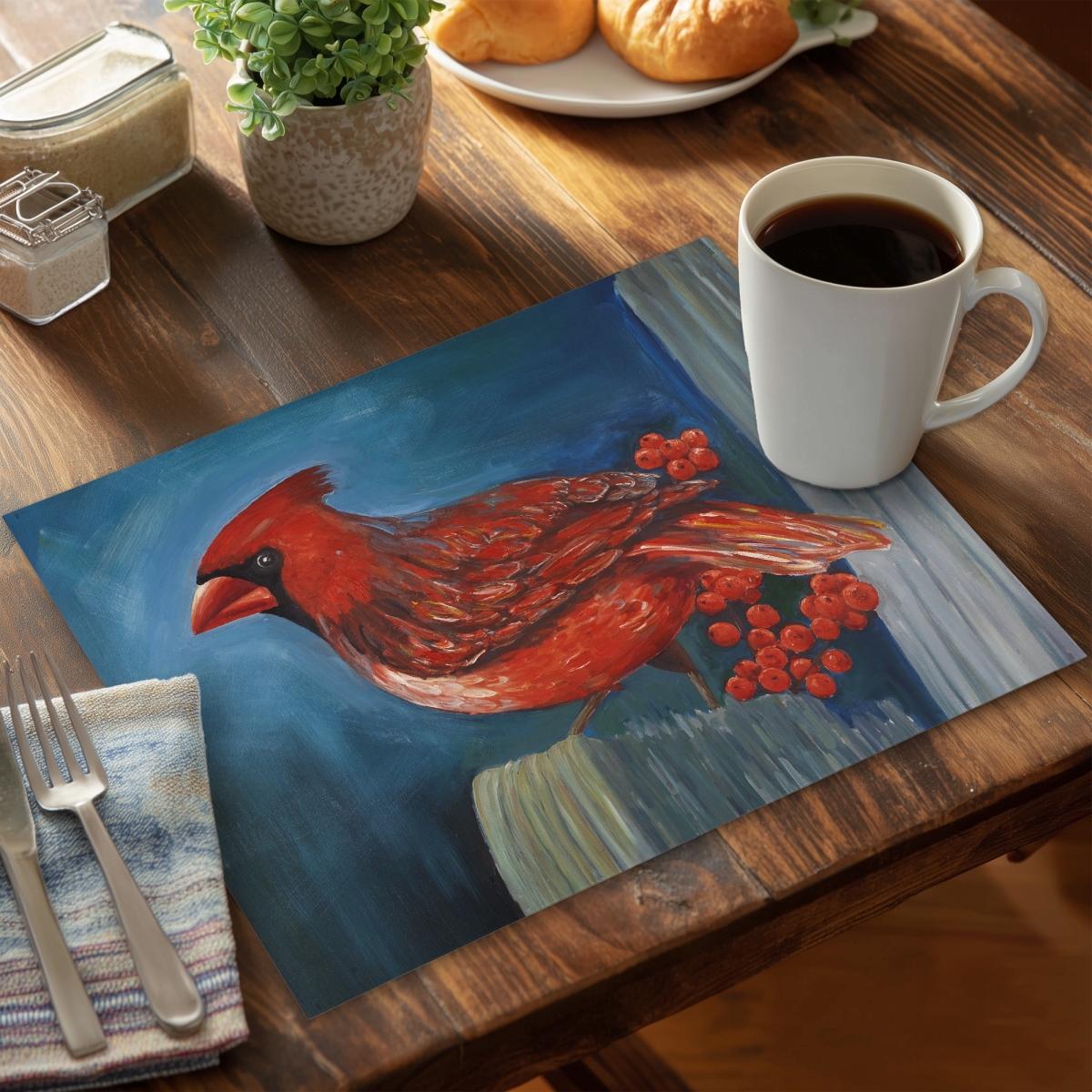 Picture of Begin Home Decor CPPM141895OA1O 14 x 18 in. Blue Contemporary Bird Placemat - Redbreast Bird Home Decor