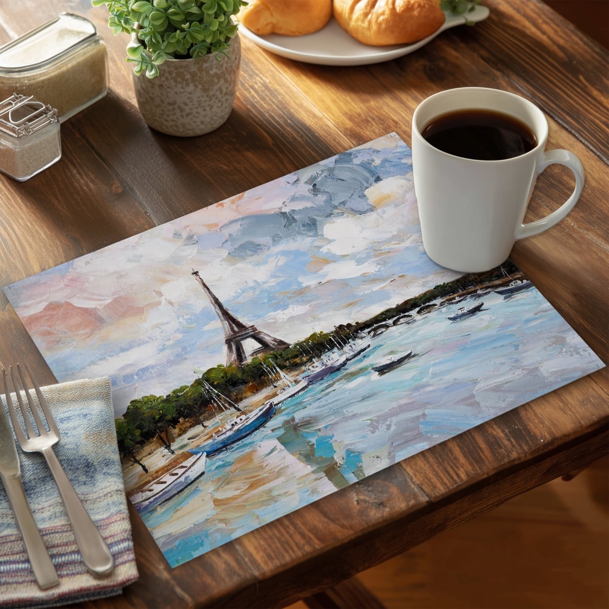 Picture of Begin Home Decor CPPM1418GE3NEN 14 x 18 in. Contemporary Trees Bedroom Placemat - Boats on the Seine Decor