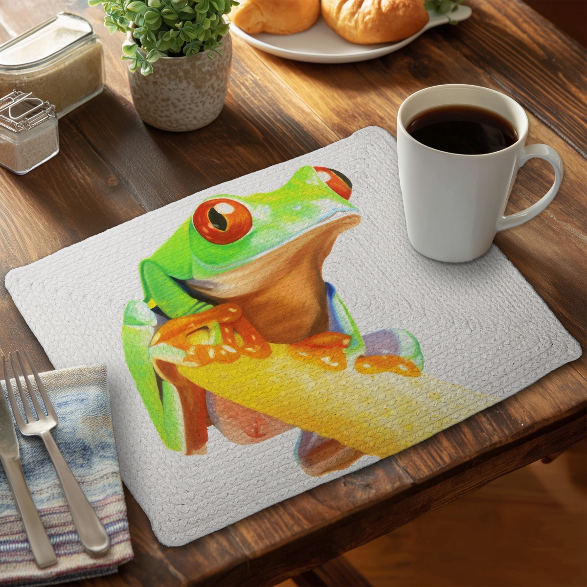 Picture of Begin Home Decor CBPM14189TXLYL 14 x 18 in. Curious Red Eyed Frog Green Placemat - Reptile Decor Essential