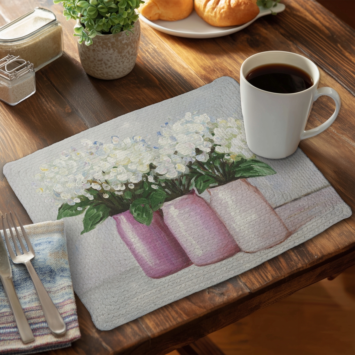 Picture of Begin Home Decor CBPM1418I0KM7Q 14 x 18 in. Hydrangea Floral Braided Placemat - Botanical Home Decor