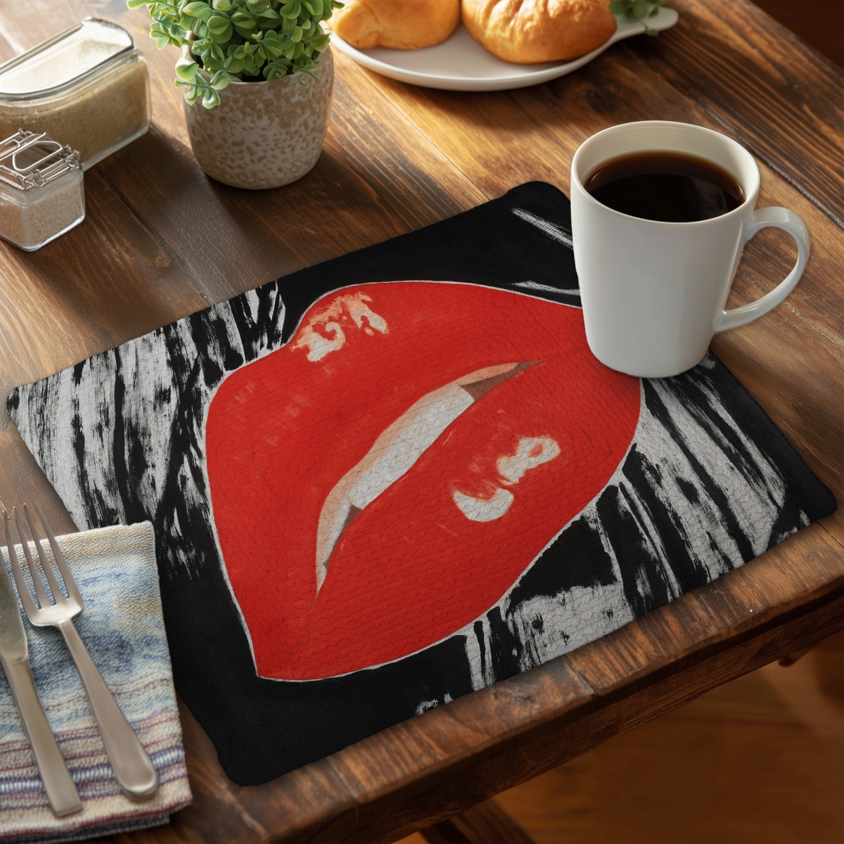 Picture of Begin Home Decor CBPM1418K30GDM 14 x 18 in. Bedroom Beauty Black Braided Placemat - Glossy Lips Design