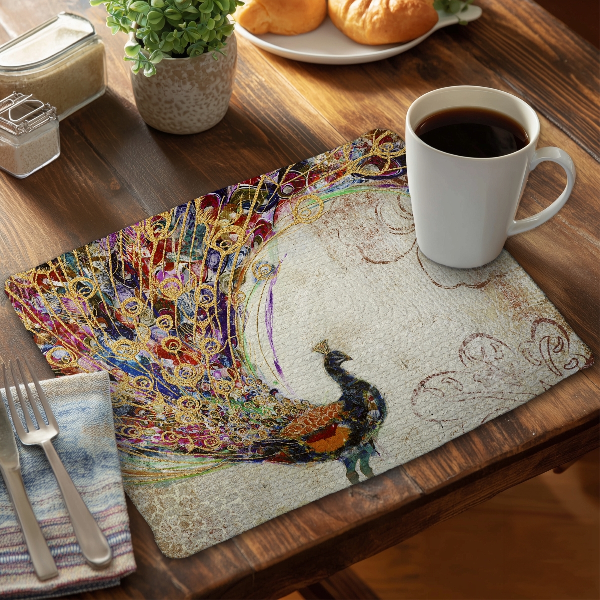 Picture of Begin Home Decor CBPM1418ABZI3H 14 x 18 in. Peacock with Gold Feathers Bird Orange Bedroom Placemat Decor