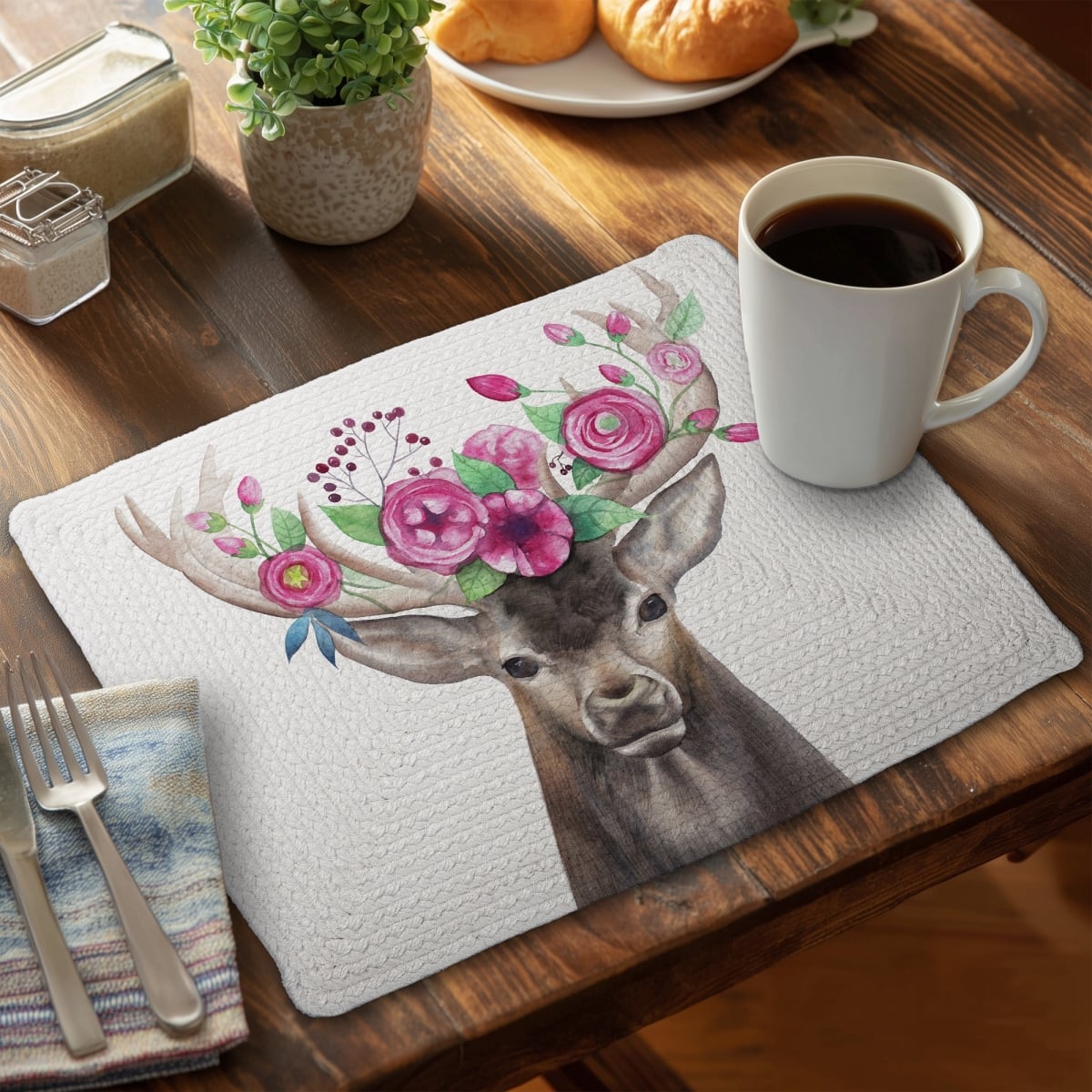 Picture of Begin Home Decor CBPM14189XCJCU 14 x 18 in. Brown Romantic Deer Placemat - Deer Head with Flowers Decor