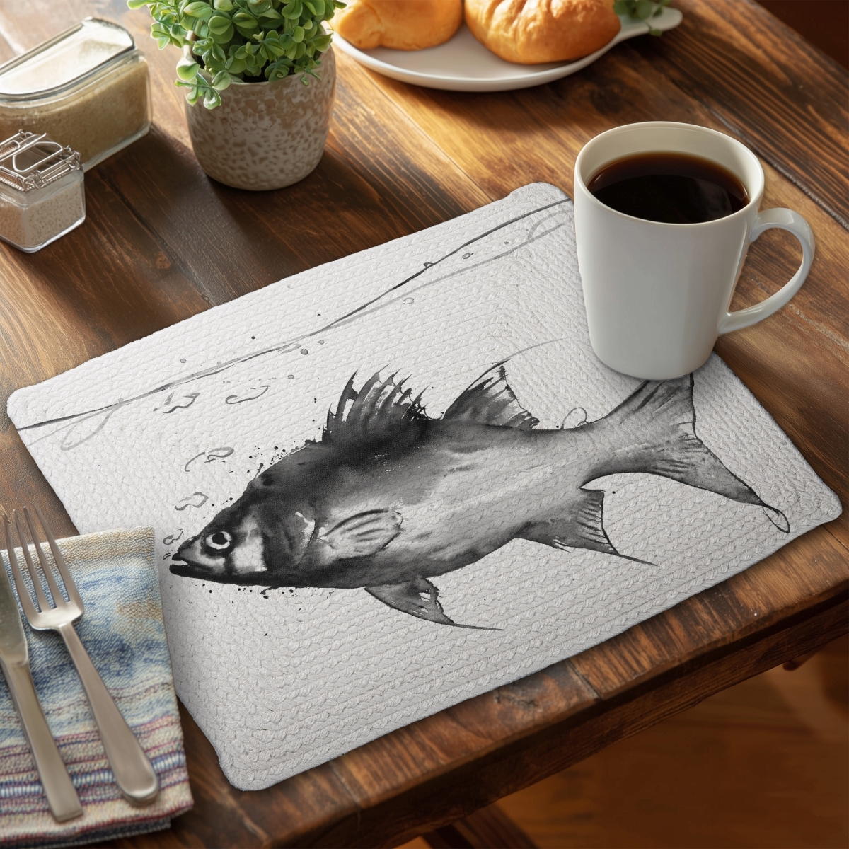 Picture of Begin Home Decor CBPM1418017IAX 14 x 18 in. Gray Swimming Fish Bathroom Placemat - Braided Polyester Decor