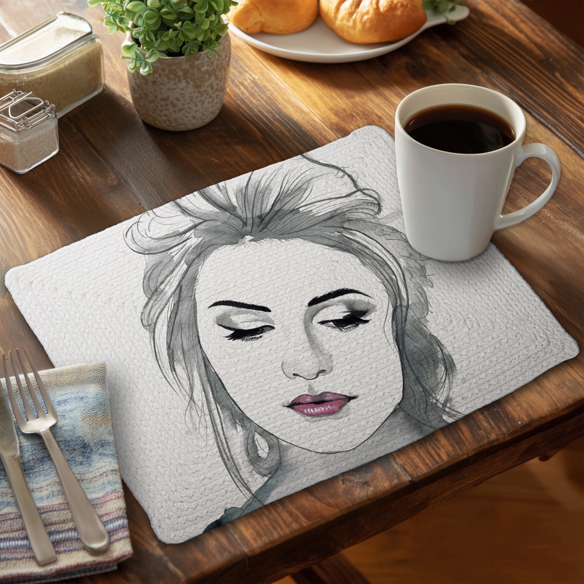 Picture of Begin Home Decor CBPM14184U4SHV 14 x 18 in. Bohemian White Braided Placemat - Watercolor Woman Decor