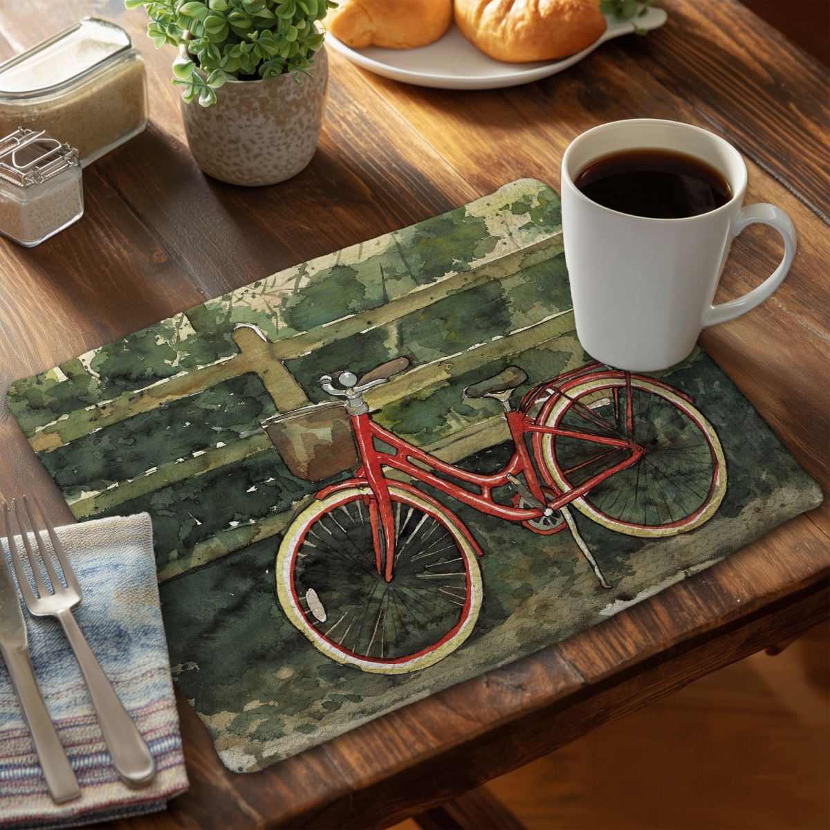 Picture of Begin Home Decor CBPM14185D3IGO 14 x 18 in. Red Braided Placemat - Riding in the Woods Bicycle Home Decor
