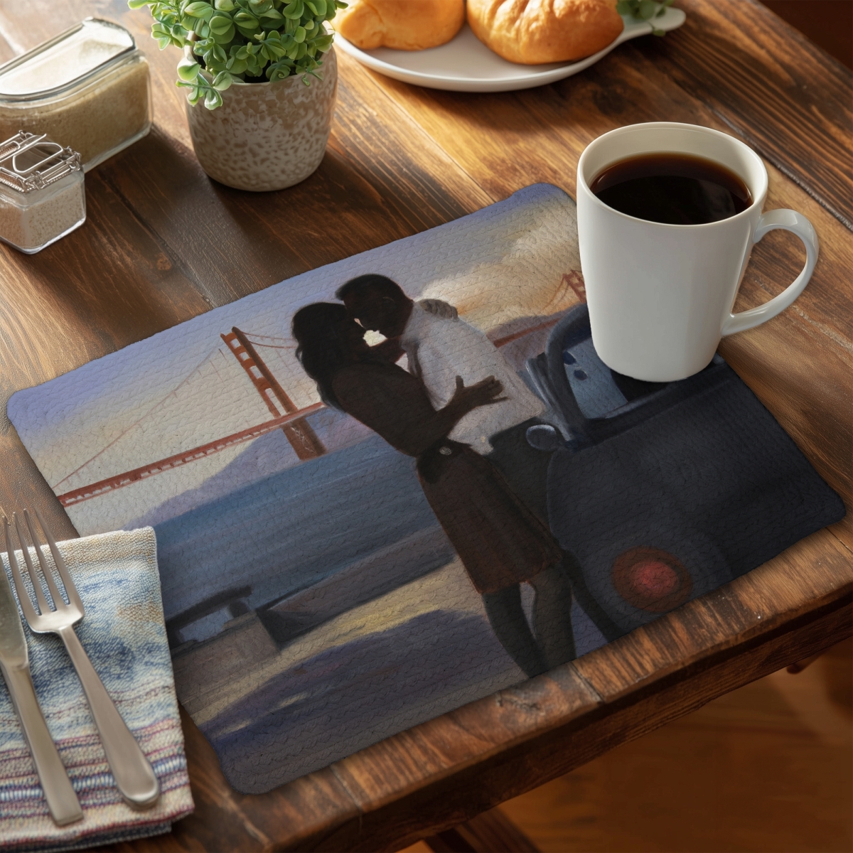 Picture of Begin Home Decor CBPM1418BKBAI6 14 x 18 in. Figurative Bedroom Blue Braided Placemat - Loving Couple Decor
