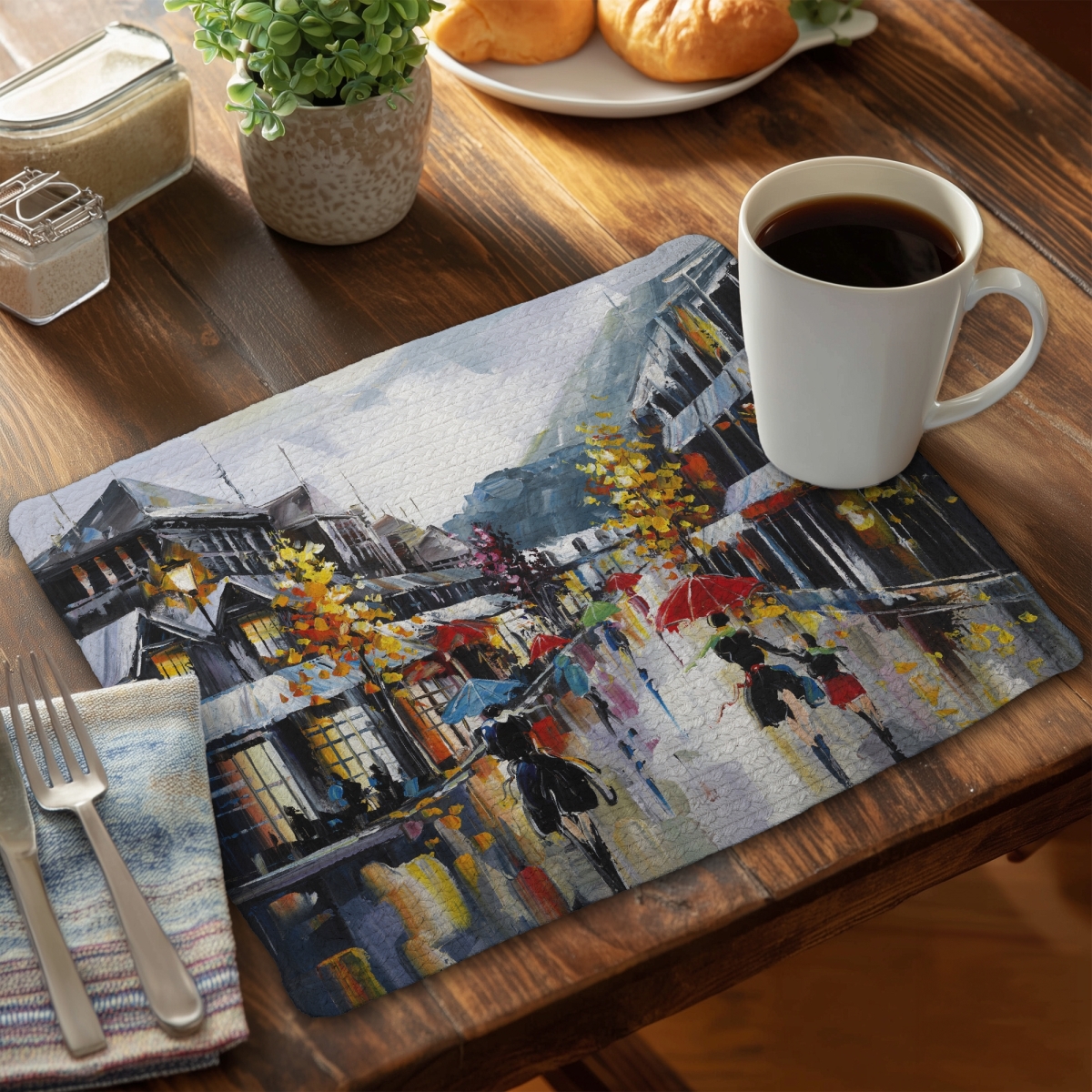 Picture of Begin Home Decor CBPM1418ZLTQ7K 14 x 18 in. Street Scenery Gray Placemat - Fall Rainy Day Home Decor