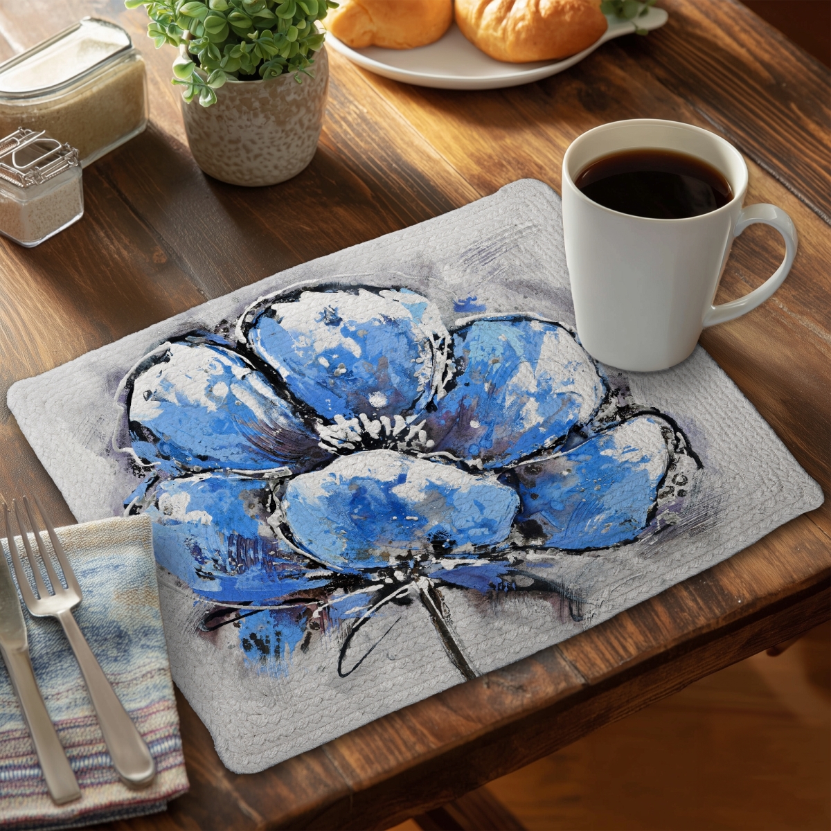 Picture of Begin Home Decor C6BP14185YYJSW 14 x 18 in. Abstract Blue Petals Braided Polyester Placemat - Home Decor - Set of 6
