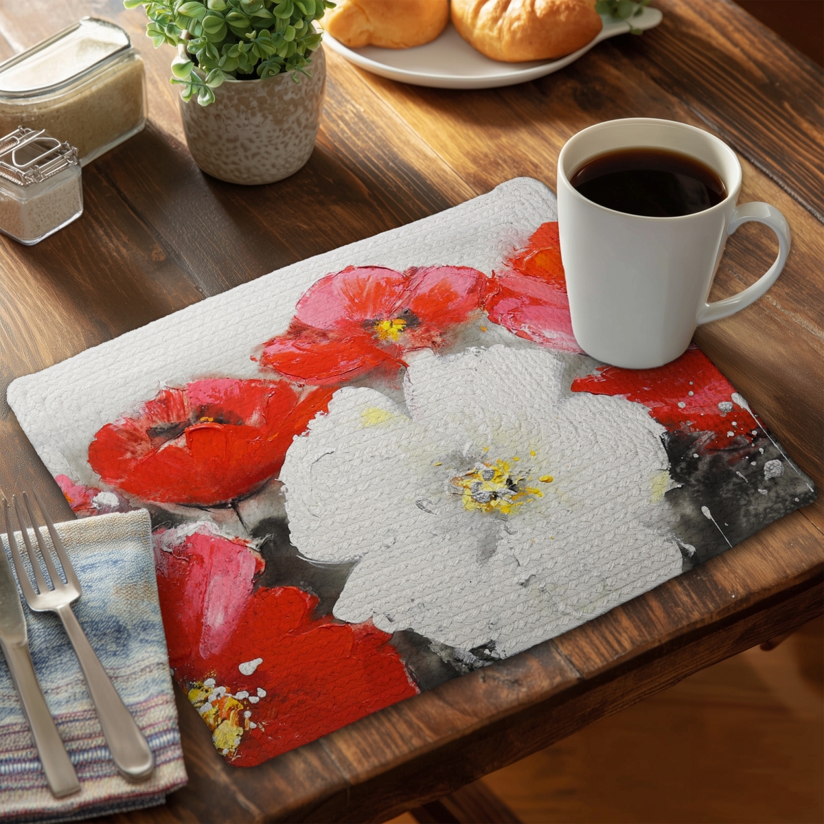 Picture of Begin Home Decor CBPM1418OUU7EM 14 x 18 in. White Floral Bedroom Placemat - Red & White Flowers Decor