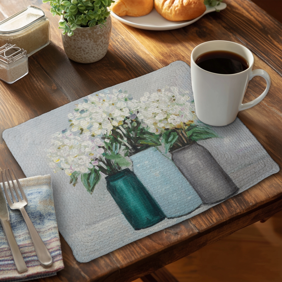 Picture of Begin Home Decor CBPM1418GALDB5 14 x 18 in. Hydrangea Floral Braided Placemat - Home Decor - Blue Vases