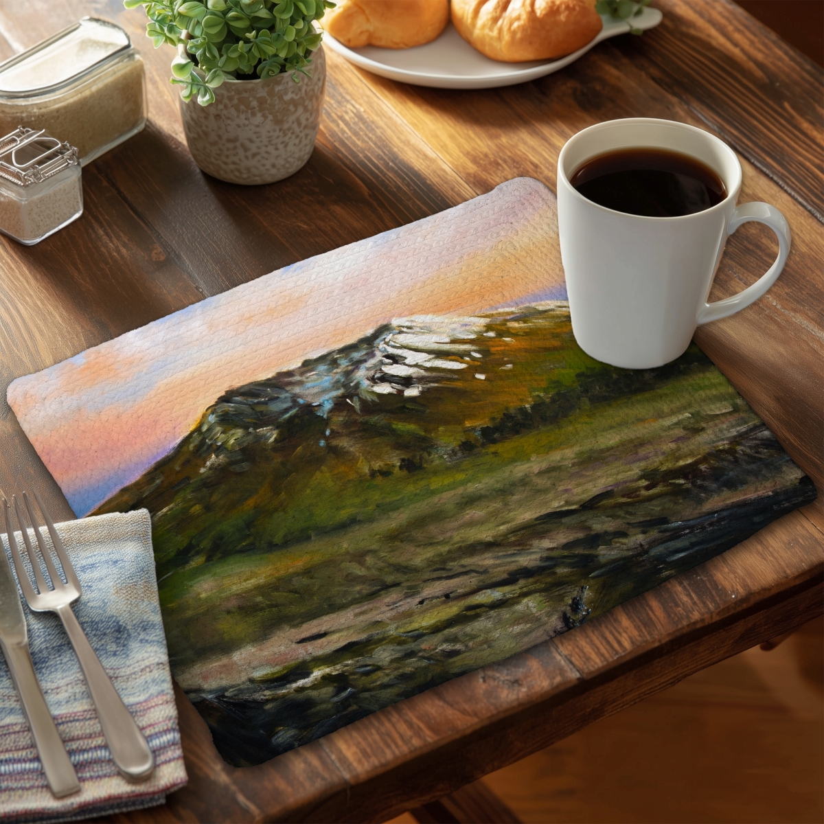 Picture of Begin Home Decor CBPM1418TM7B7O 14 x 18 in. Mountainous View Trees Bedroom Blue Braided Polyester Placemat