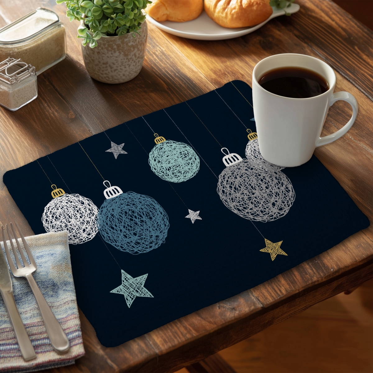 Picture of Begin Home Decor CBPM141814Y84O 14 x 18 in. Christmas Ball Blue Pattern Braided Placemat - Home Decor