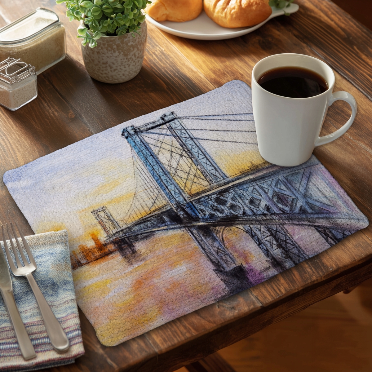 Picture of Begin Home Decor CBPM1418X1JF58 14 x 18 in. Abstract Brooklyn Bridge Blue Placemat - Braided Polyester Decor