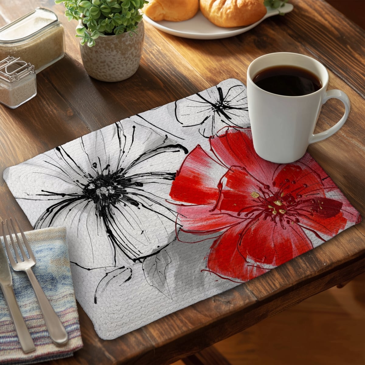 Picture of Begin Home Decor CBPM1418HFK6MK 14 x 18 in. Floral Botanical Braided Placemat - Red & White Flowers Decor