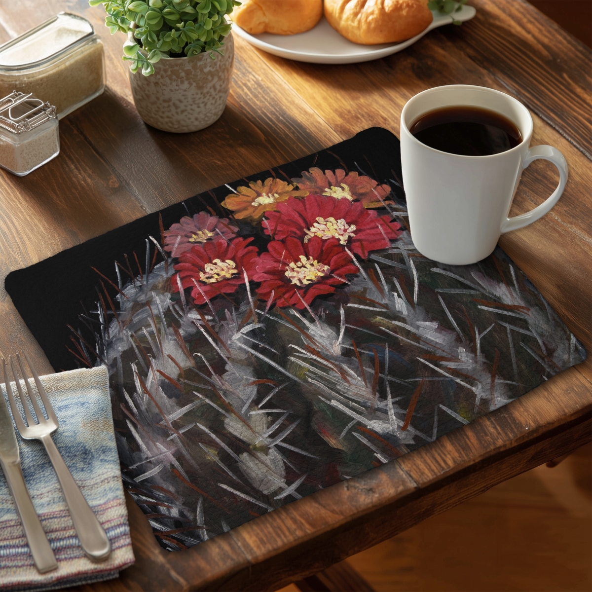 Picture of Begin Home Decor CBPM1418GAC777 14 x 18 in. Black Floral & Botanical Braided Placemat - Mammillaria Cactus