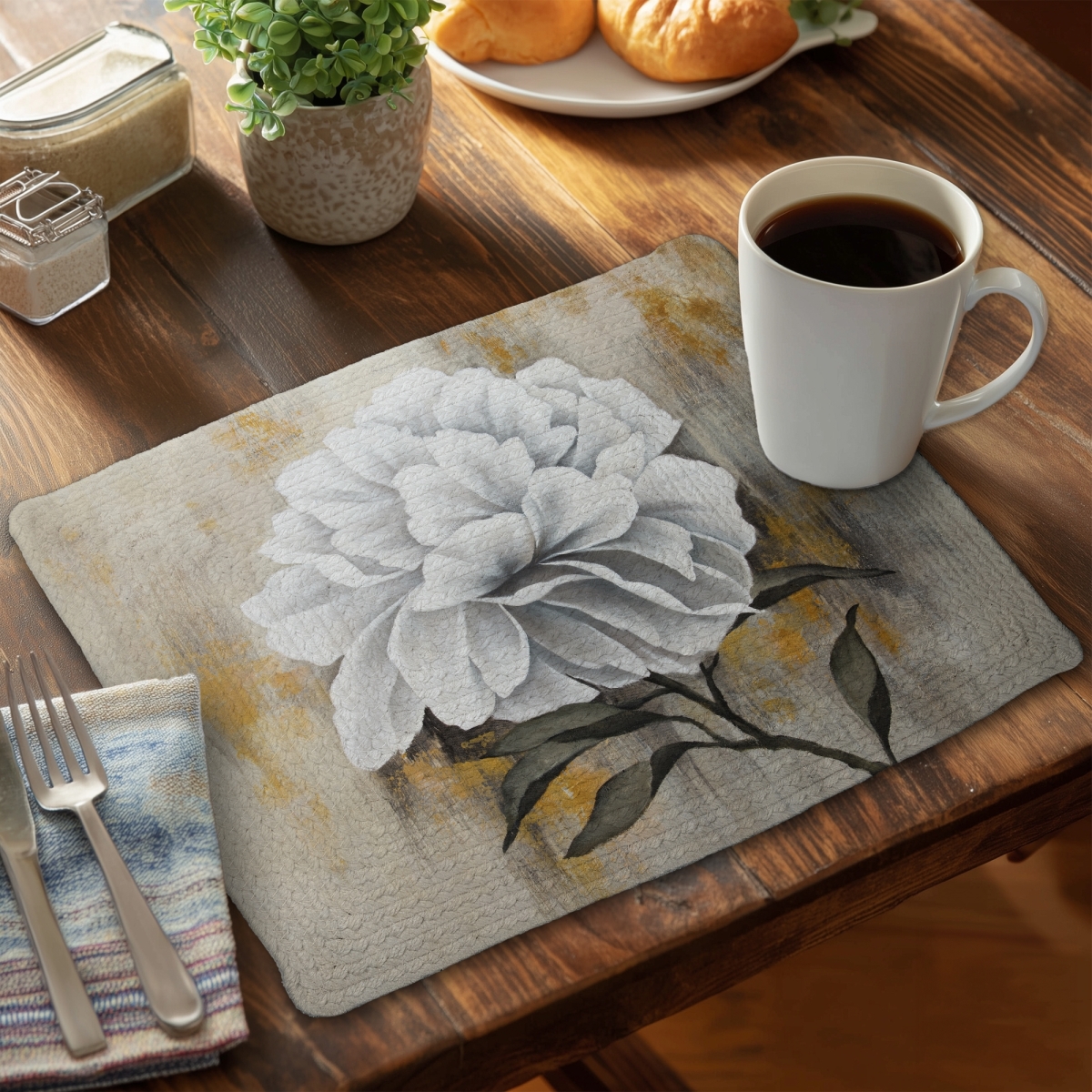 Picture of Begin Home Decor CBPM14188CQ85C 14 x 18 in. White Peony Botanical Braided Placemat - Rustic Home Decor