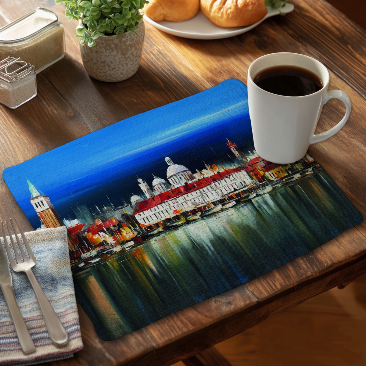 Picture of Begin Home Decor CBPM1418ZAYM4O 14 x 18 in. Blue Building Braided Polyester Placemat - City by Night Decor