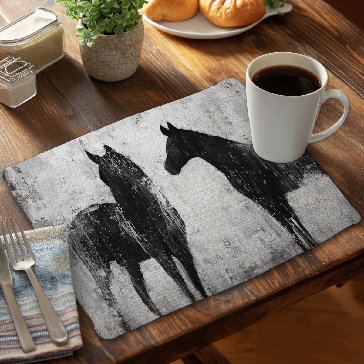 Picture of Begin Home Decor CBPM1418TPW5DA 14 x 18 in. Black & White Horses Placemat - Braided Polyester Decor