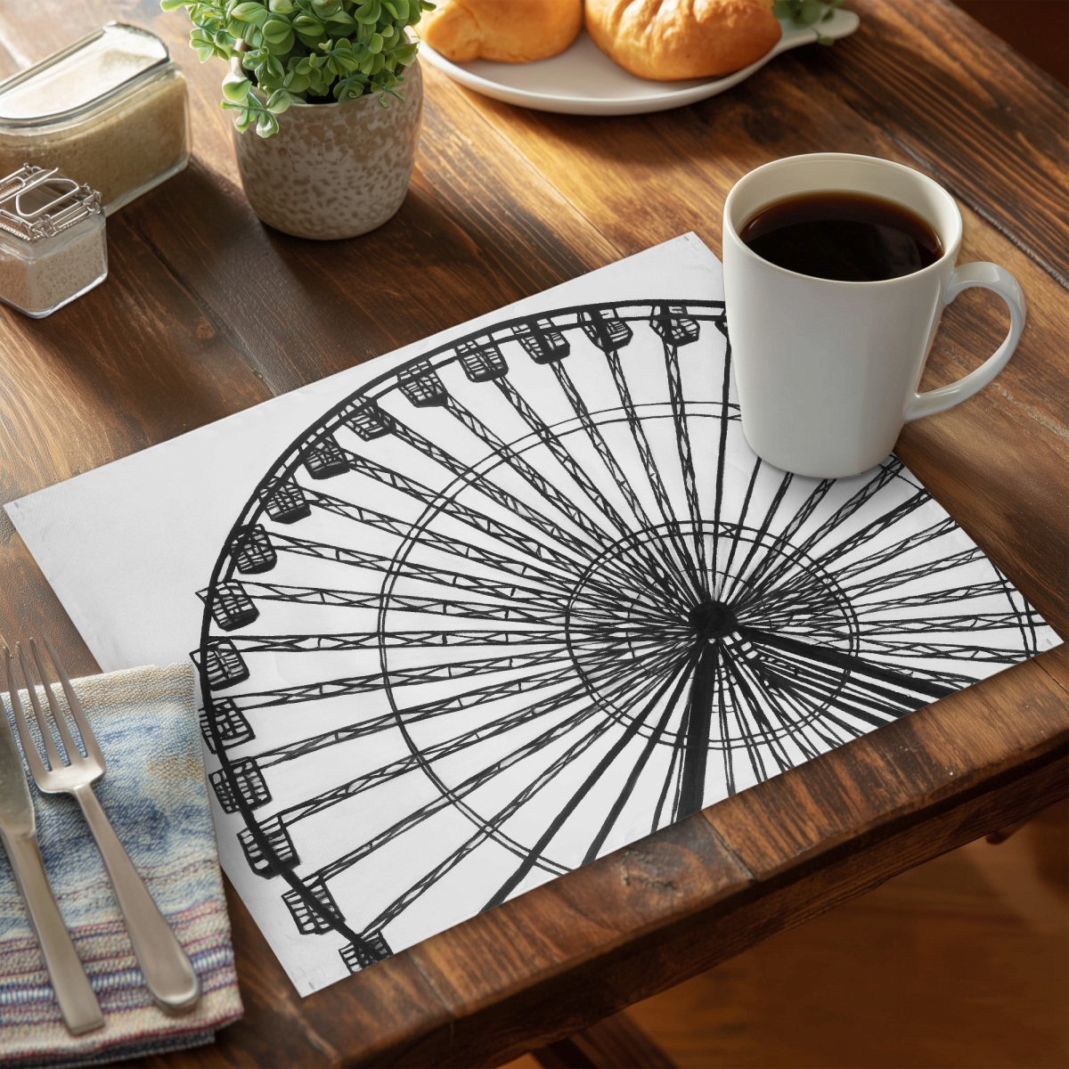 Picture of Begin Home Decor CPPM1418NRFU8I 14 x 18 in. Monochrome White Ferris Wheel Polyester Placemat - Home Decor