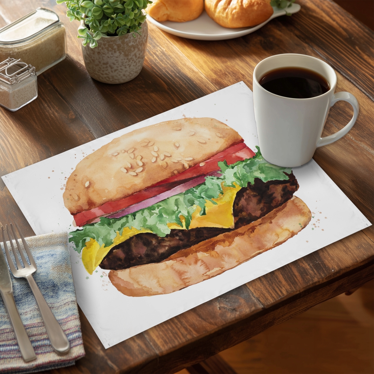 Picture of Begin Home Decor CPPM14186R3F09 14 x 18 in. Brown Gastronomy Kitchen Placemat - Watercolor Cheeseburger Decor