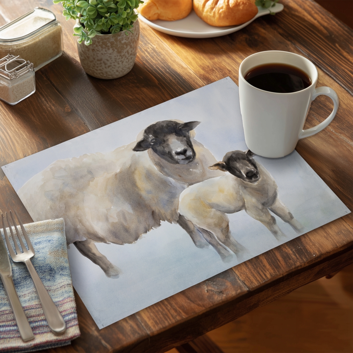 Picture of Begin Home Decor CPPM1418ETSTIO 14 x 18 in. Blue Sheep & Baby Polyester Placemat - Bedroom Home Decor