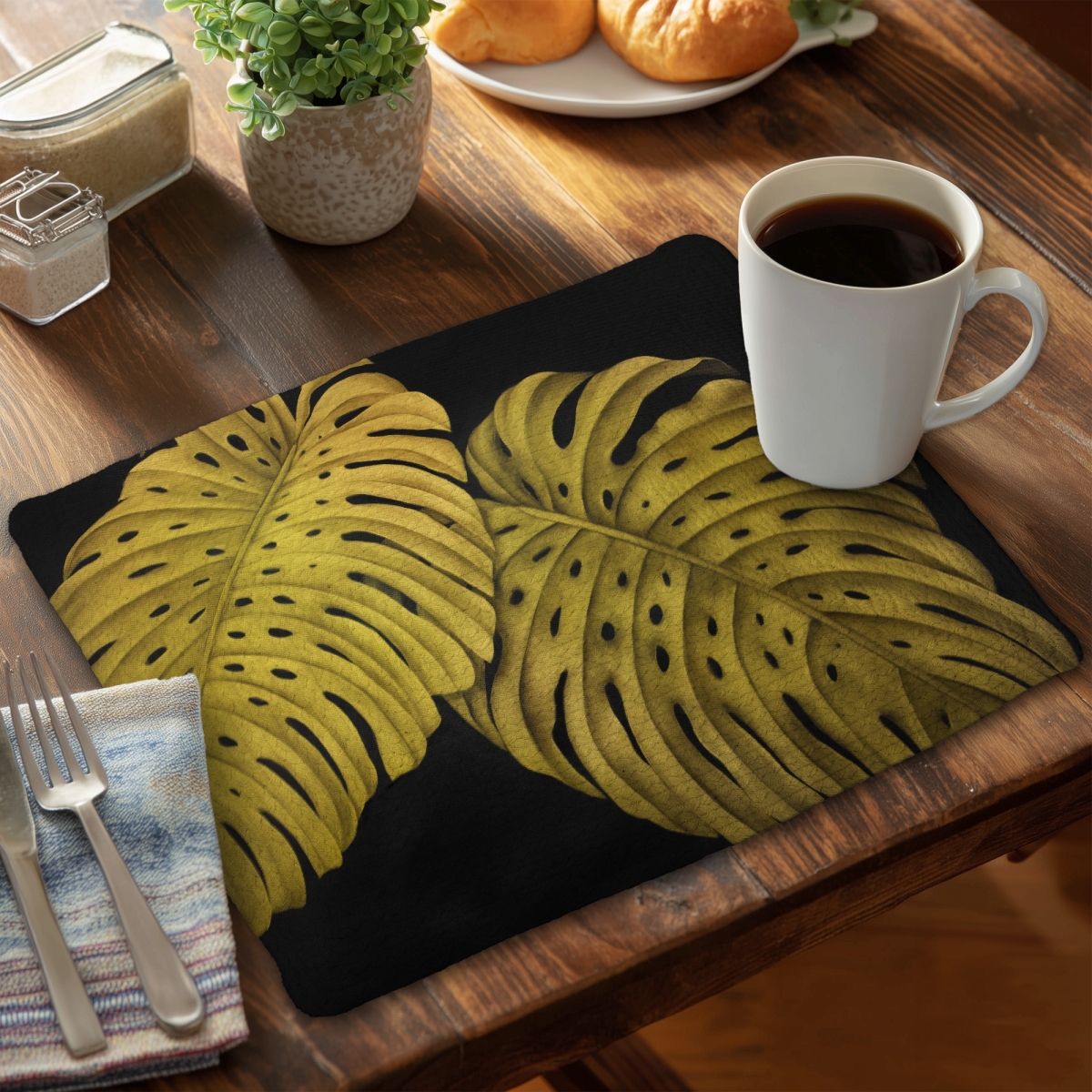 Picture of Begin Home Decor CBPM1418YBTTNS 14 x 18 in. Gold Monstera Floral Bedroom Placemat - Exotic Home Decor
