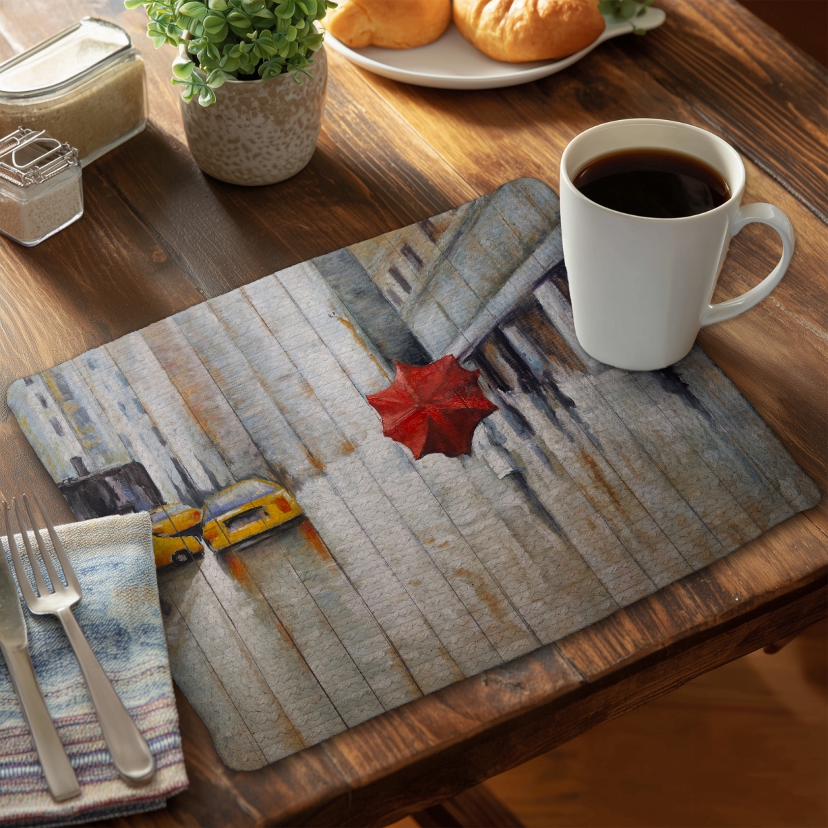 Picture of Begin Home Decor CBPM141832T0CW 14 x 18 in. Red Umbrella Street Scene Placemat - Contemporary Home Decor