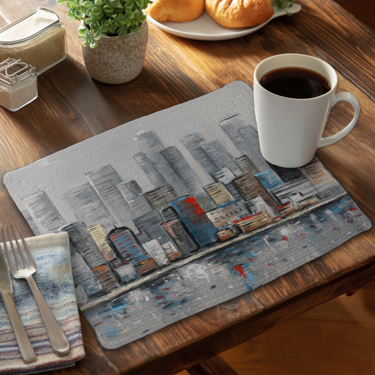 Picture of Begin Home Decor CBPM1418LXMZAT 14 x 18 in. Abstract City Skyline Blue Braided Placemat - Home Decor