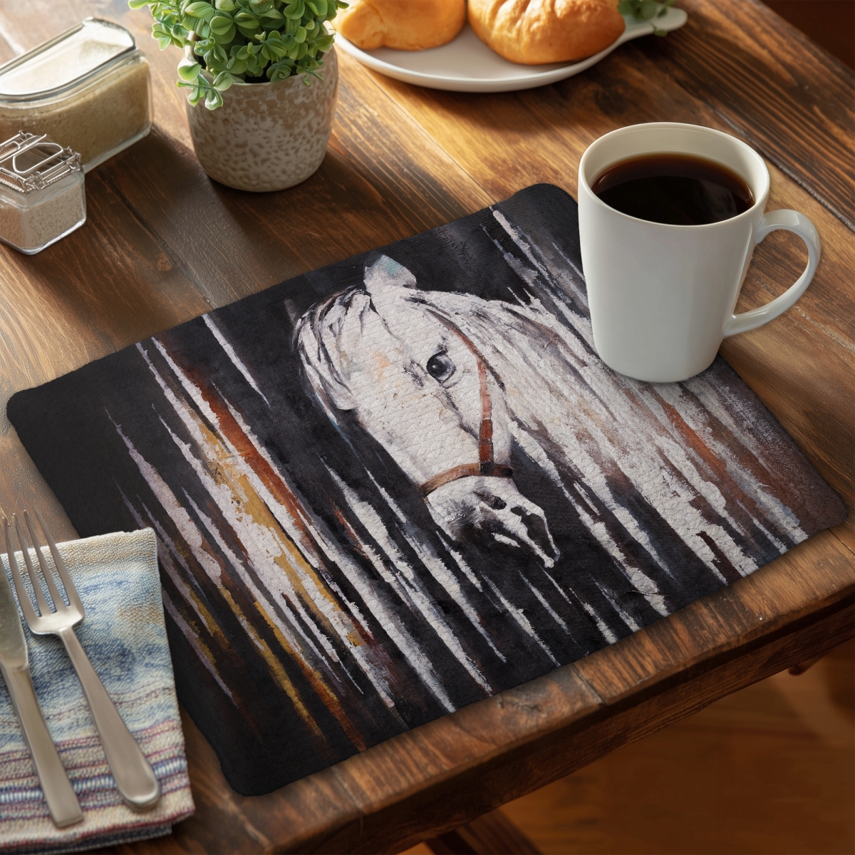 Picture of Begin Home Decor CBPM1418REGI4R 14 x 18 in. White Horse in Dark Placemat - Farm Animals Bedroom Decor