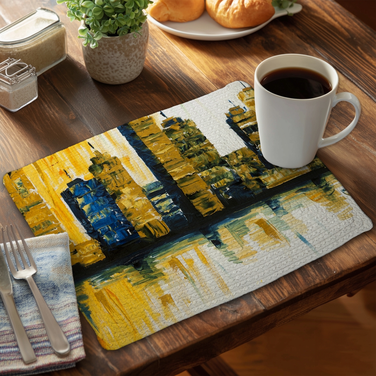 Picture of Begin Home Decor CBPM1418RV3OCD 14 x 18 in. Blue Cities Braided Polyester Placemat - Yellow Skyscrapers Decor