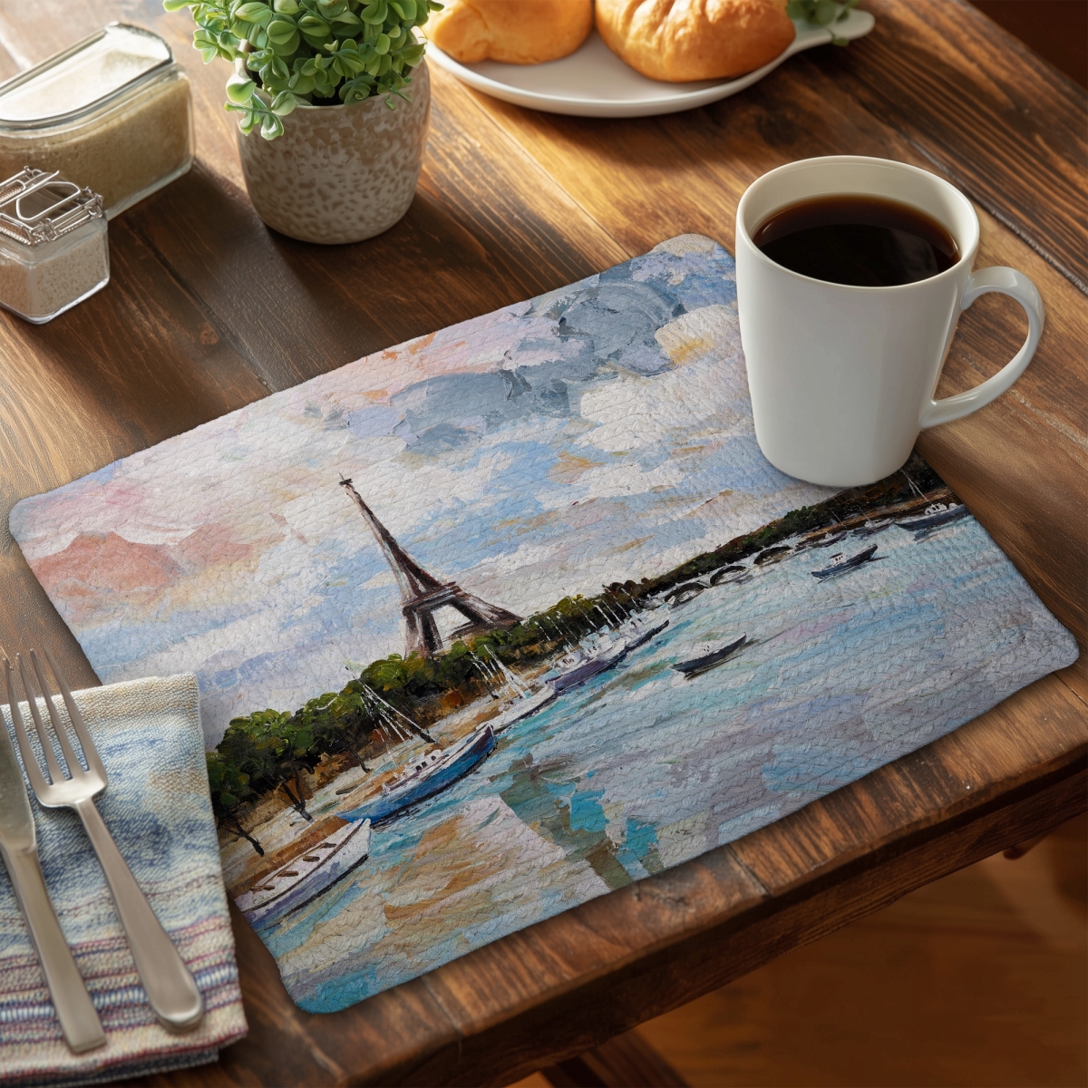Picture of Begin Home Decor CBPM14188R2EX6 14 x 18 in. Boats on the Seine Blue Braided Polyester Placemat - Bedroom Decor