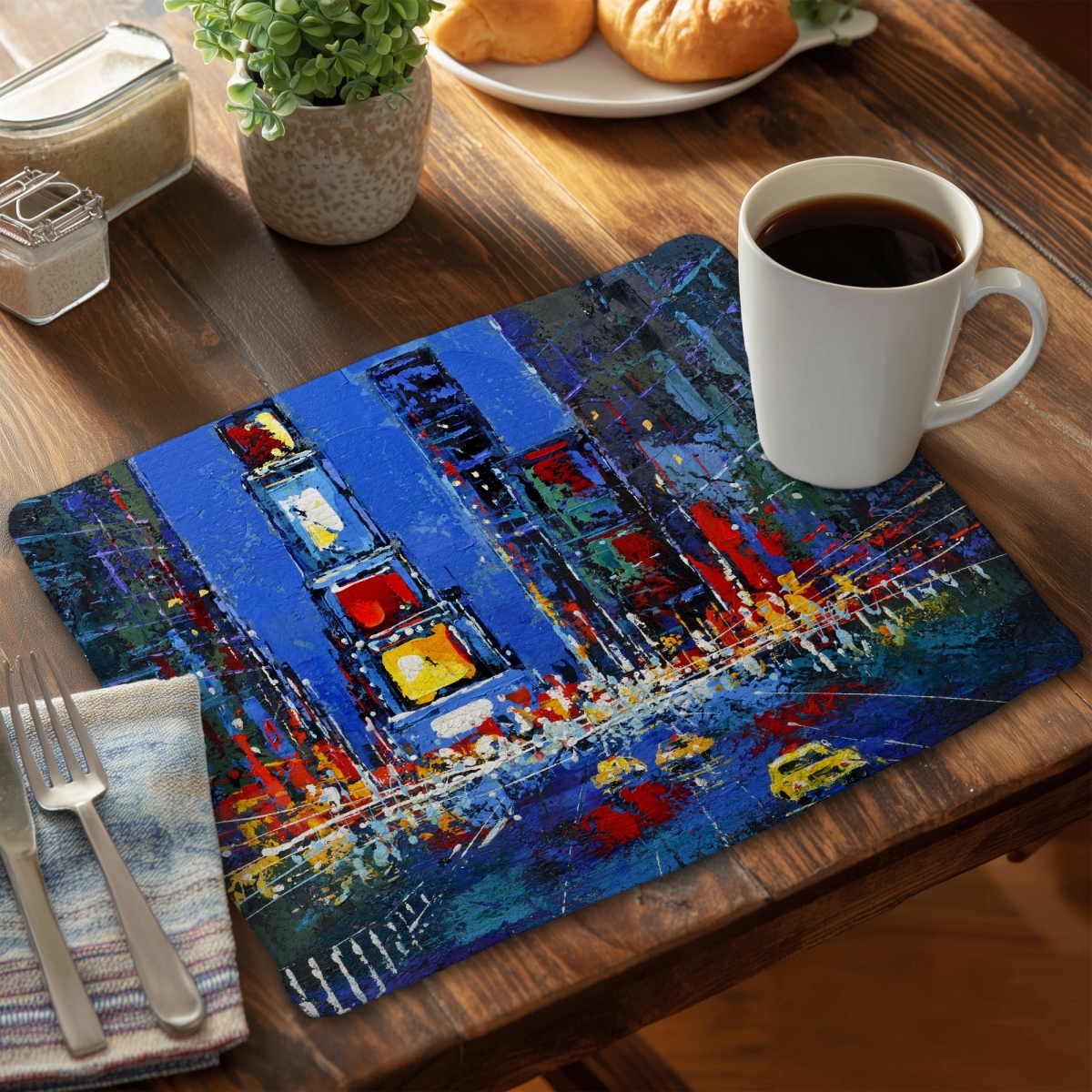 Picture of Begin Home Decor CBPM1418F0WZSD 14 x 18 in. Times Square Illuminated Blue Cities Braided Placemat Decor