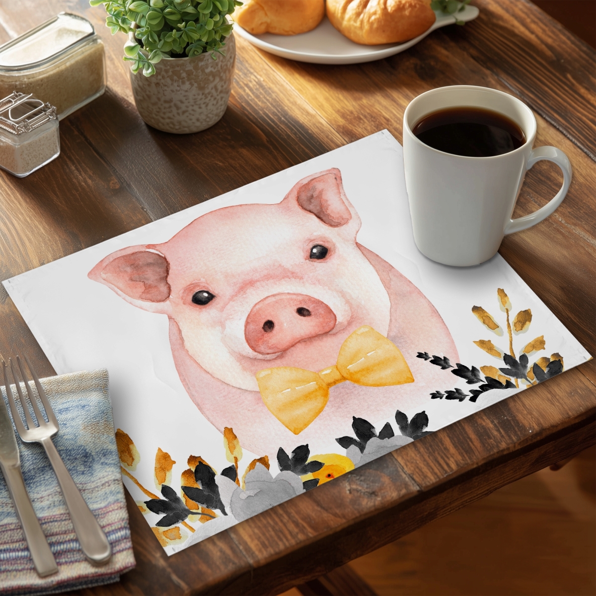 Picture of Begin Home Decor CPPM14182XOXC4 14 x 18 in. Chic Pig Yellow Polyester Placemat - Animal Home Decor