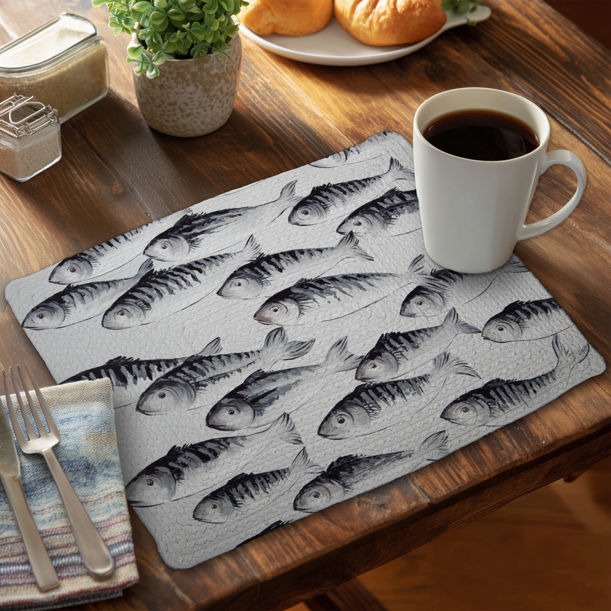 Picture of Begin Home Decor CBPM1418SJQAI6 14 x 18 in. Gray School of Fish Placemat - Aquatic Animals Decor - Polyester