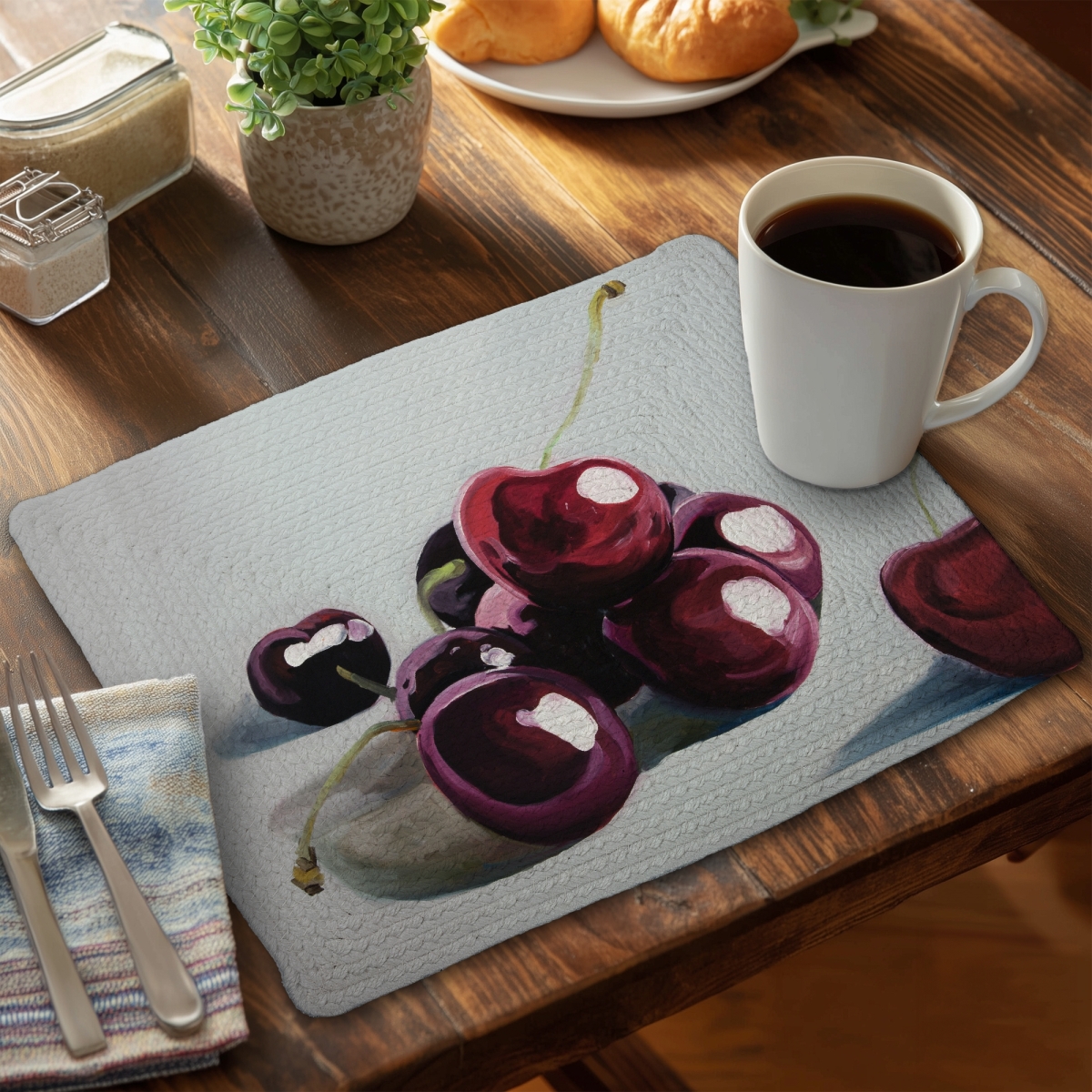 Picture of Begin Home Decor CBPM1418N3BHMP 14 x 18 in. Glossy Dark Cherries Romantic Kitchen White Braided Placemat