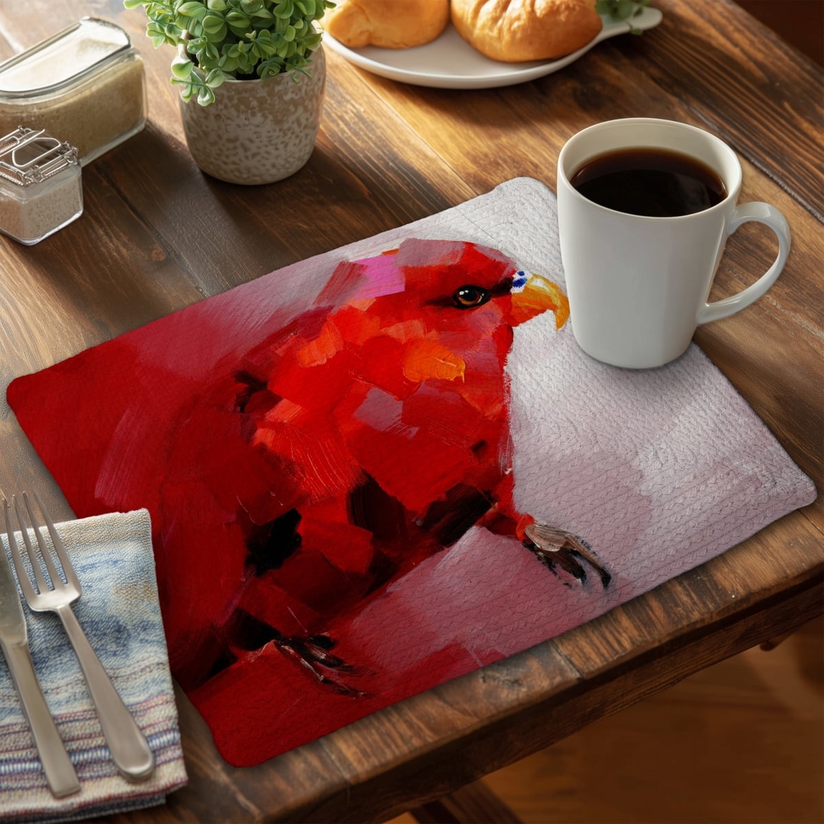 Picture of Begin Home Decor CBPM1418YOZCUN 14 x 18 in. Abstract Red Parrot Placemat - Contemporary Bedroom Decor