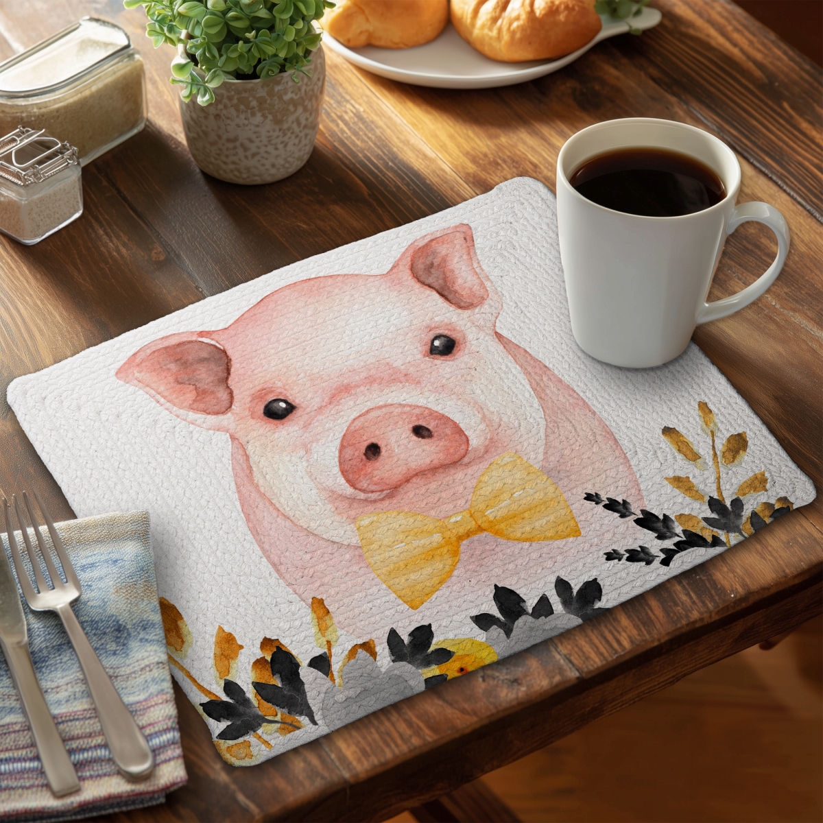 Picture of Begin Home Decor CBPM141833W2DB 14 x 18 in. Chic Pig Farm Animal Placemat - Yellow Braided Polyester Decor