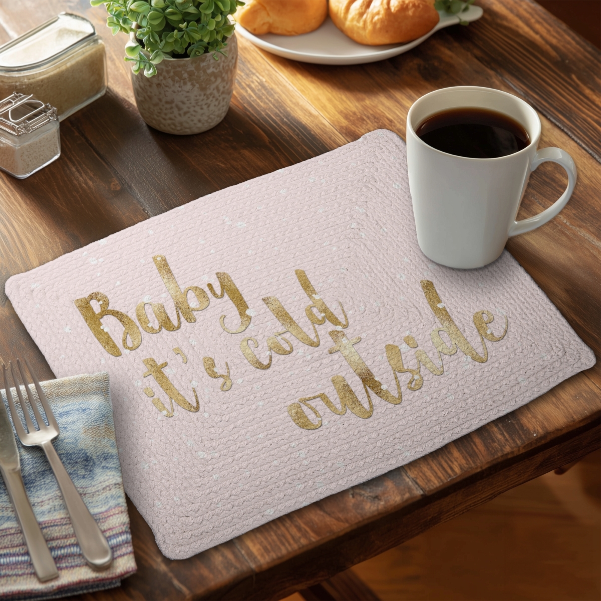 Picture of Begin Home Decor CBPM14184XUHDC 14 x 18 in. Baby Its Cold Outside Pink Braided Placemat - Romantic Decor