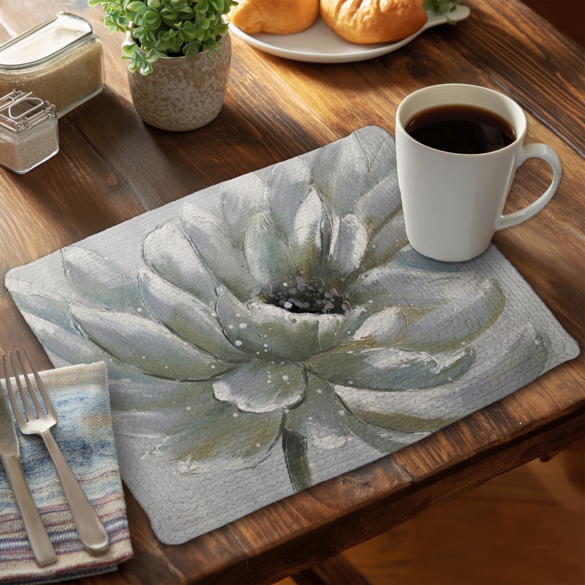 Picture of Begin Home Decor CBPM1418BWCBAX 14 x 18 in. White Chrysanthemum Braided Placemat - Contemporary Bedroom Decor
