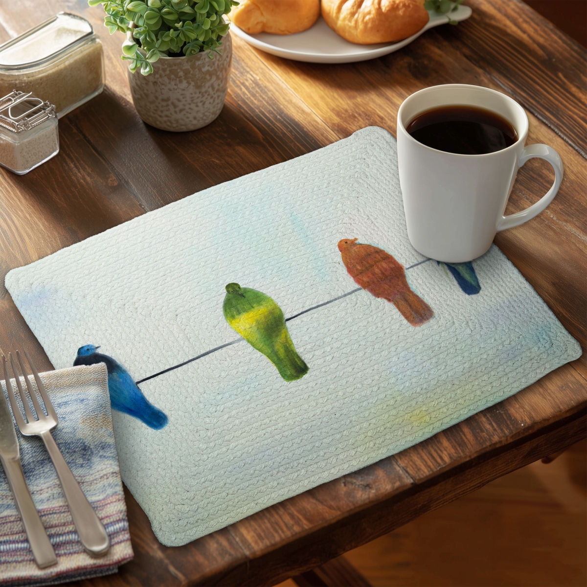 Picture of Begin Home Decor CBPM1418VY6X3M 14 x 18 in. Perched Abstract Birds Placemat - Braided Polyester Home Decor