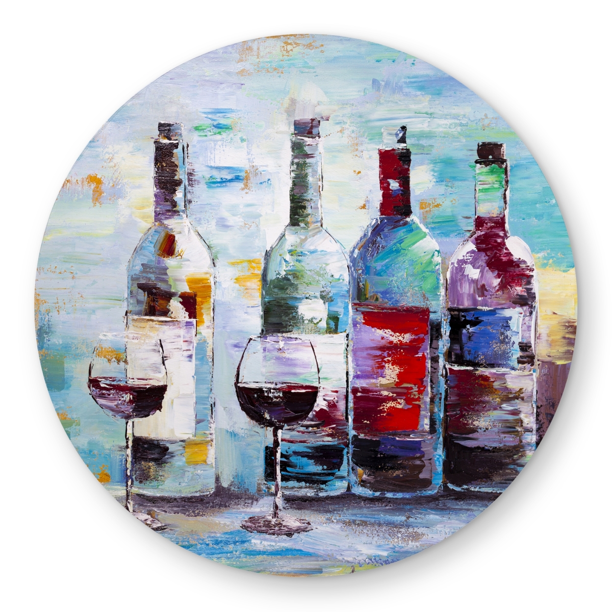 C1COAR55L3J2CR 5 x 5 ft. Four Bottles of Wine Still Life Blue Outdoor Area Rug - Home Decor - Round