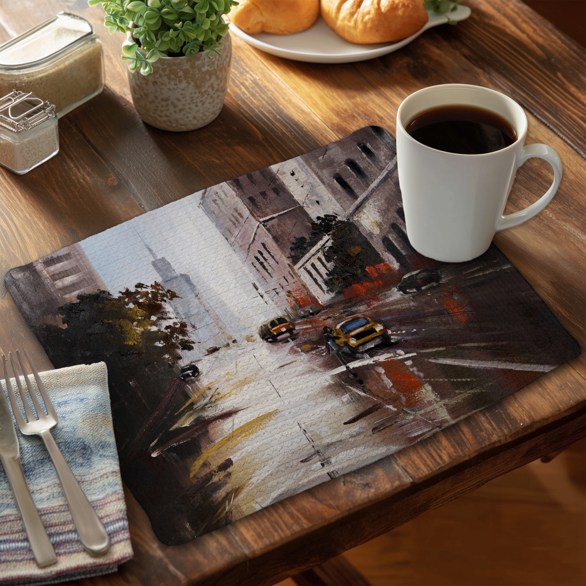 Picture of Begin Home Decor C4BP14183Y31A7 14 x 18 in. Morning Street Scene Braided Polyester Placemat for Home Decor - Set of 4