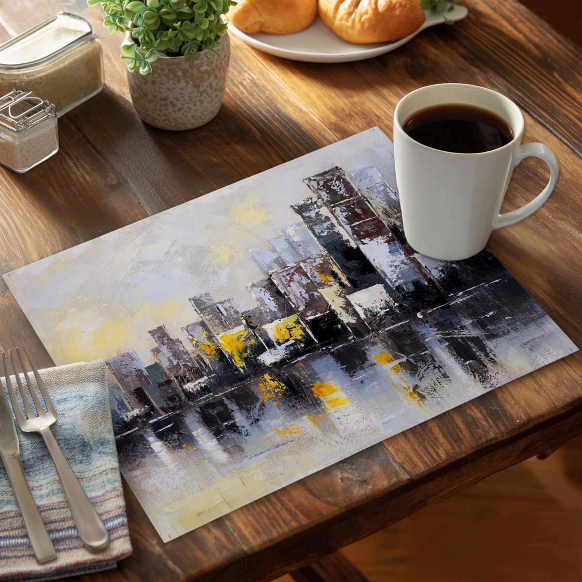 Picture of Begin Home Decor C4PP1418Q8MYJT 14 x 18 in. Abstract City in the Morning Polyester Placemat - Home Decor - Set of 4