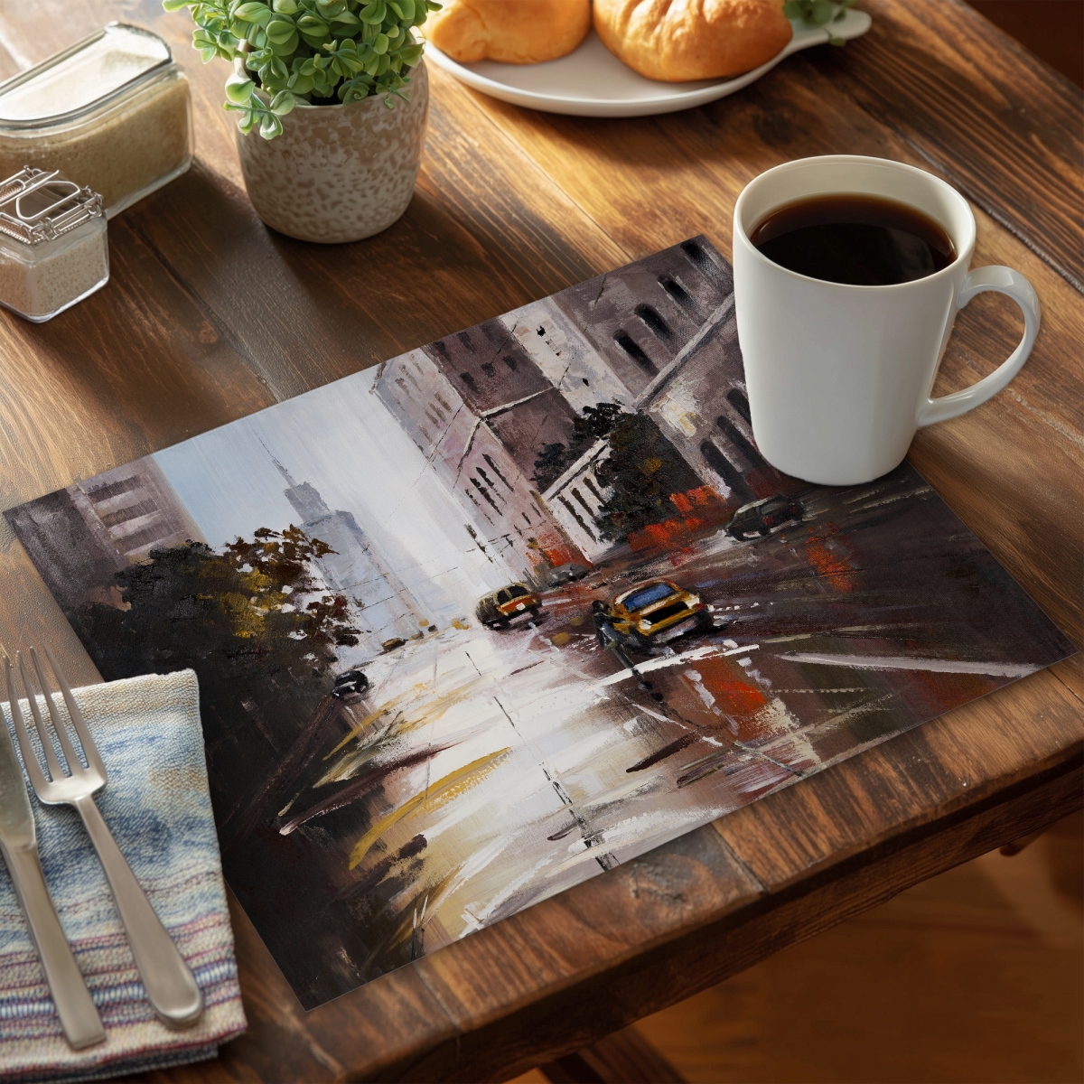 Picture of Begin Home Decor C6PP1418OVTCLL 14 x 18 in. Morning Street Scene Polyester Placemat - Home Decor Accent - Set of 6