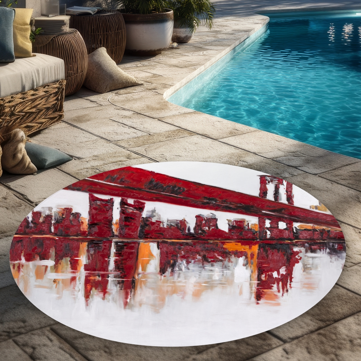 C1COAR555NMLWM 5 x 5 ft. Red Bridge - Red Man Cave Round Outdoor Area Rug - Home Decor